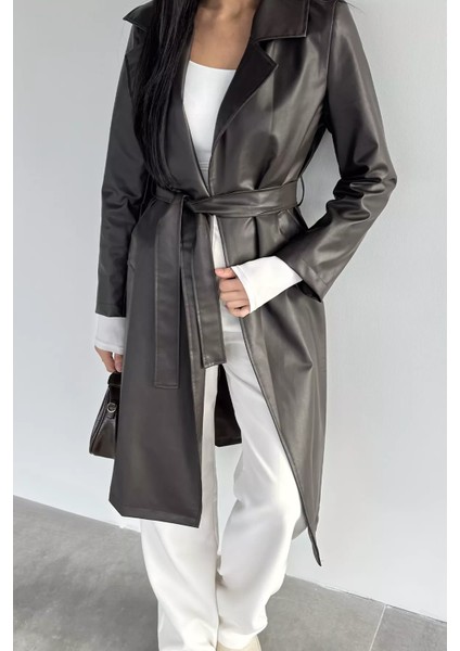 Kadın Çift Cepli Bel Kuşaklı Astarlı Suni Deri Trençkot P-00018672 fiyatları