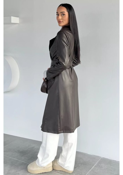 Kadın Çift Cepli Bel Kuşaklı Astarlı Suni Deri Trençkot P-00018672 fırsatları