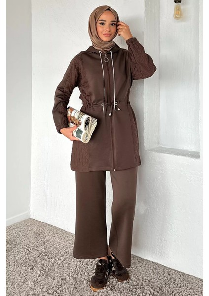 Yan Kapitone Detaylı Kapüşonlu Tesettür Tunik Pantolon Ikili Takım P-00018855