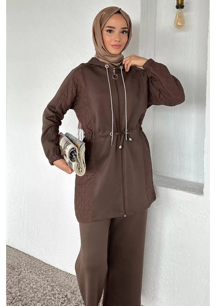 Yan Kapitone Detaylı Kapüşonlu Tesettür Tunik Pantolon Ikili Takım P-00018855 modelleri