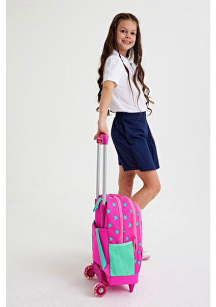 Çekçekli Okul Sırt Çantası Pembe-Turkuaz Kalp Desenli 23133 İlkokul Çocukları İçin