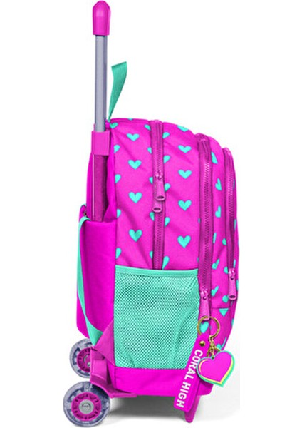 Çekçekli Okul Sırt Çantası Pembe-Turkuaz Kalp Desenli 23133 İlkokul Çocukları İçin