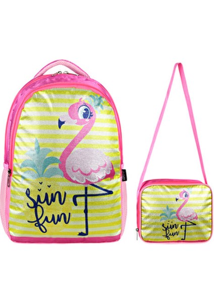 Simli Flamingo Beslenmeli Ilkokul Çanta Seti