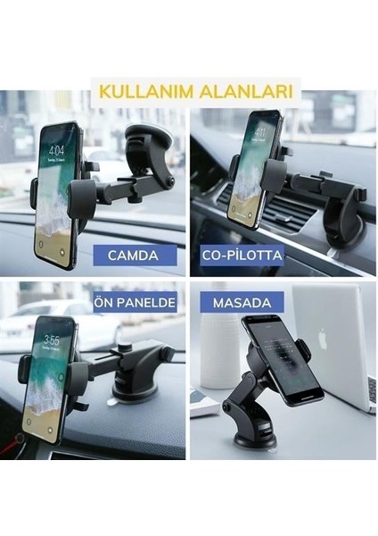 Buffer® 360 Derece Dönen Torpido Üstü Uzunluk Ayarlamalı Vantuzlu Teleskopik Araç Telefon Tutucu