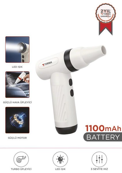 Ttb-01 Siyah Yüksek Hızlı Turbo 85 000 Pm -1100 Mah - 40 W Hava Üfleme Makinası.