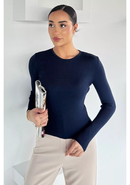 Kadın Bisiklet Yaka Fitilli Triko Kazak P-00018490