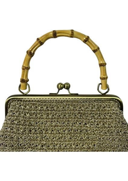 4576EL Örgüsü Ahşap Askılı Simli Kağıt Ip El Çantası / 29 cm x 22 cm modelleri