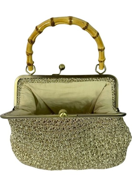 4576EL Örgüsü Ahşap Askılı Simli Kağıt Ip El Çantası / 29 cm x 22 cm fırsatları