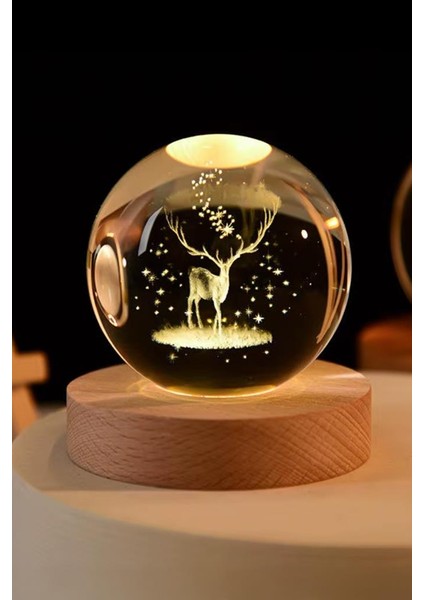 Ahşap Tabanlı Geyik Figürlü LED Işıklı Küre