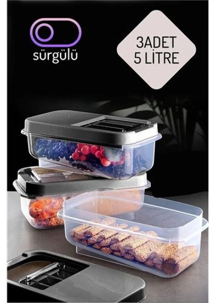 Erzak Bakliyat Saklama Kabı 3 Lü Set 5 Lt Antrasit
