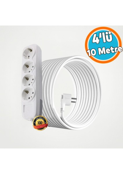 Topraklı Kablolu 4'lü Grup Priz Fiş Çoğaltıcı 10 Metre Çoklu Uzatma Kablosu Anahtarsız Monofaze