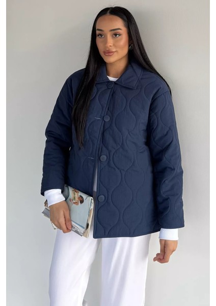 Kadın Suyolu Desenli Iç Astarlı Ön Düğmeli Mont P-00018614