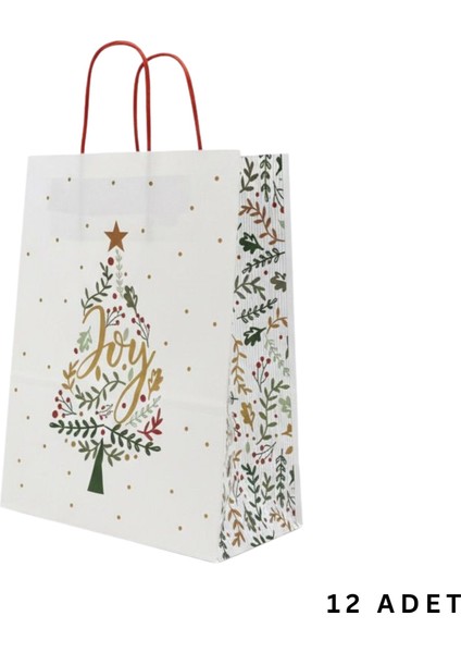 Yılbaşı Çam Desenli Kağıt Çanta, Yeniyıl Kırmızı Saplı Hediye Poşeti, 12X25X31 cm - 12 Adet, Beyaz