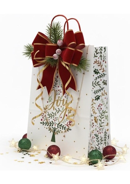 Yılbaşı Çam Desenli Kağıt Çanta, Yeniyıl Kırmızı Saplı Hediye Poşeti, 12X25X31 cm - 12 Adet, Beyaz indirimleri