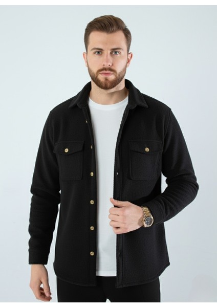 Erkek Slim Fit Düğmeli Yaka Çift Cepli Düz Siyah Polar Erkek Gömlek