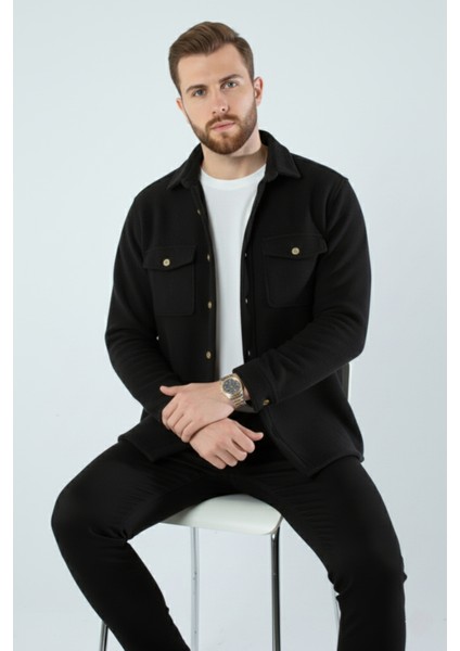 Erkek Slim Fit Düğmeli Yaka Çift Cepli Düz Siyah Polar Erkek Gömlek fiyatları