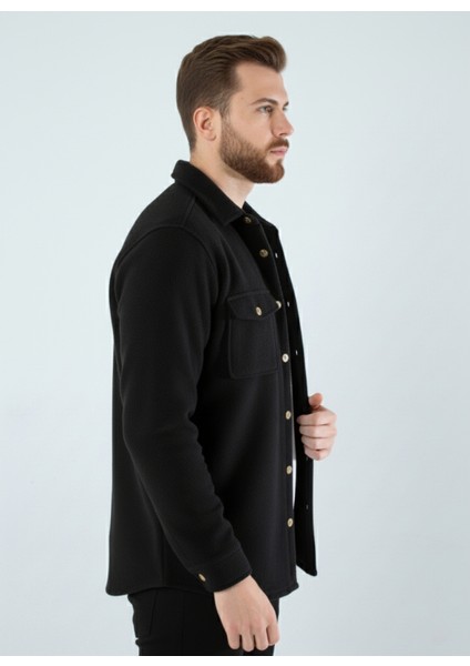 Erkek Slim Fit Düğmeli Yaka Çift Cepli Düz Siyah Polar Erkek Gömlek modelleri