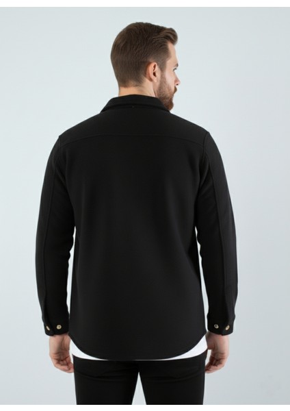Erkek Slim Fit Düğmeli Yaka Çift Cepli Düz Siyah Polar Erkek Gömlek fırsatları