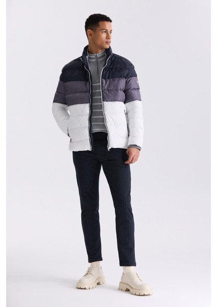 Lacivert Slim Fit Dik Yaka Kışlık Şişme Mont