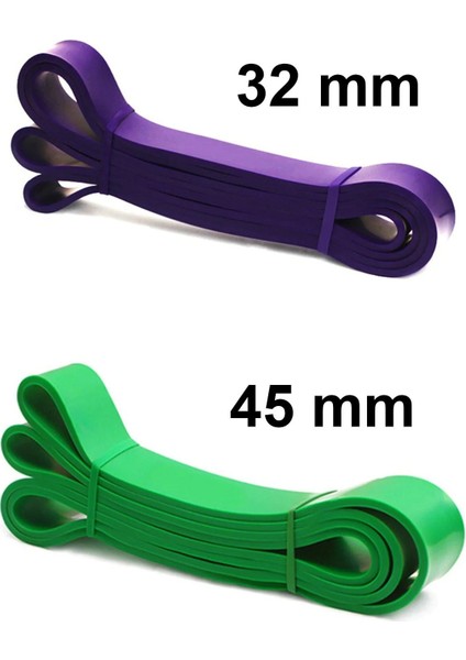 2 Li Resistance Powerband Güç Bandı Seti Direnç Lastiği Squat Aerobik Bandı 45MM + 32 mm Yeşil-Mor
