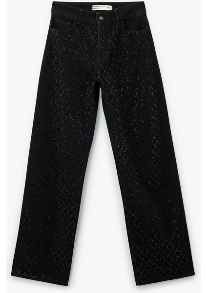 Taşlı Düz Bol Paça Jean Pantolon - Straight Fit Jean