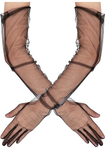 Uzun Boy Likralı Siyah Renk Yetişkin Mega Tül Eldiven 53 cm