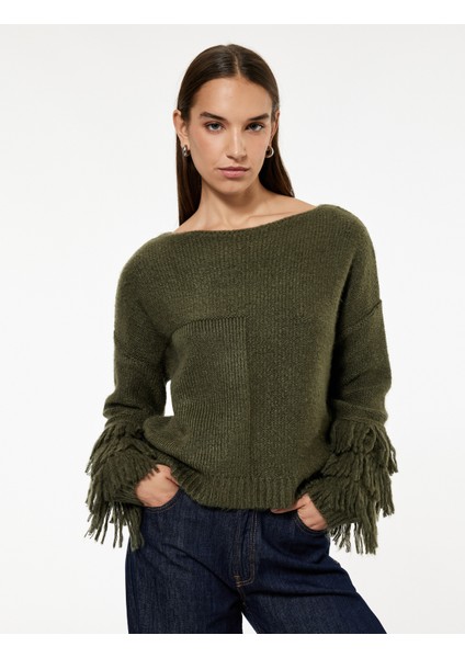 Çok Renkli Püsküllü Uzun Kollu Bisiklet Yaka Triko Kazak