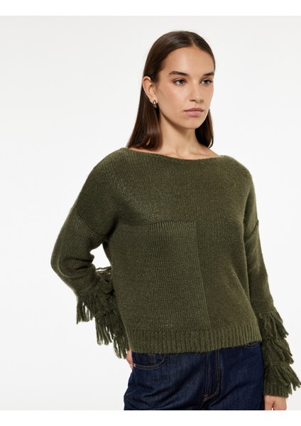 Çok Renkli Püsküllü Uzun Kollu Bisiklet Yaka Triko Kazak fiyatları