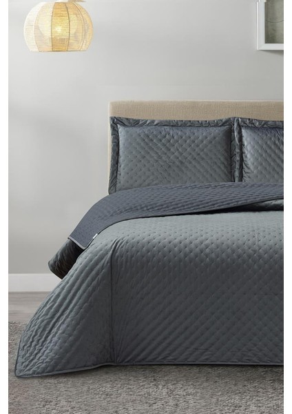 Parma Çift Kişilik Lüks Kadife 240X260 cm Yatak Örtüsü Antrasit