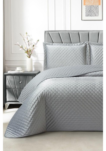 Parma Çift Kişilik Lüks Kadife 240X260 cm Yatak Örtüsü Gri