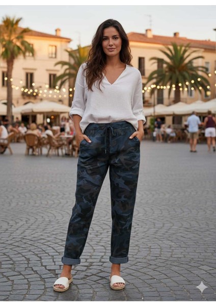 LS7312 Kamuflaj Desenli Likralı Italyan Coton Pantolon Lacivert