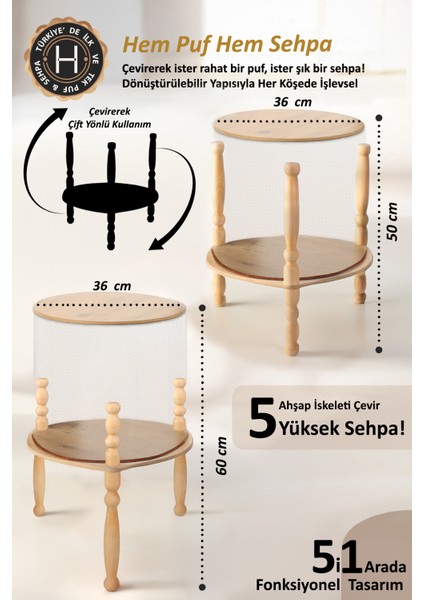 Çift Yönlü Sehpa Çevir Puf Çift Taraflı Yıkanabilir Kılıflı Puf Bench Ahşap Koltuk Sehpası Linen