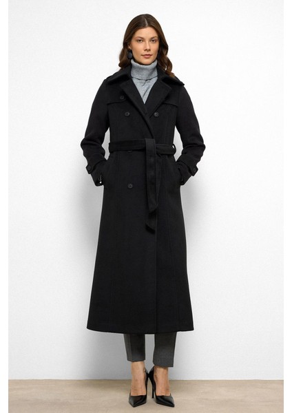 Pelerin Detaylı Kruvaze Uzun Boy Kaban Siyah 3087