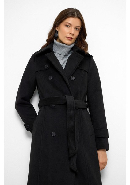 Pelerin Detaylı Kruvaze Uzun Boy Kaban Siyah 3087