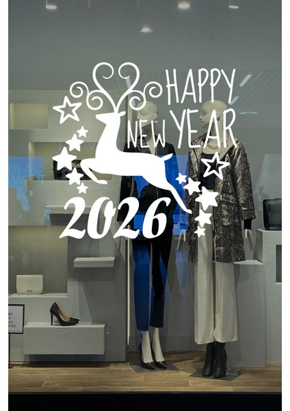 Geyik ve Happy New Year 2026 Yılbaşı Süslemeleri Yeni Yıl Vitrin Cam Sticker