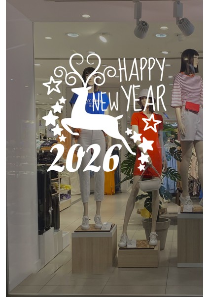 Geyik ve Happy New Year 2026 Yılbaşı Süslemeleri Yeni Yıl Vitrin Cam Sticker fiyatları
