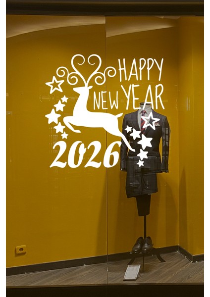 Geyik ve Happy New Year 2026 Yılbaşı Süslemeleri Yeni Yıl Vitrin Cam Sticker modelleri
