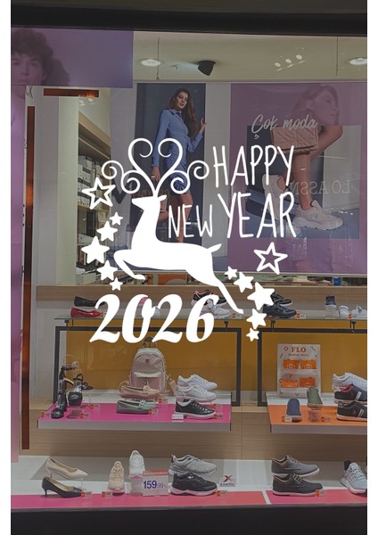 Geyik ve Happy New Year 2026 Yılbaşı Süslemeleri Yeni Yıl Vitrin Cam Sticker