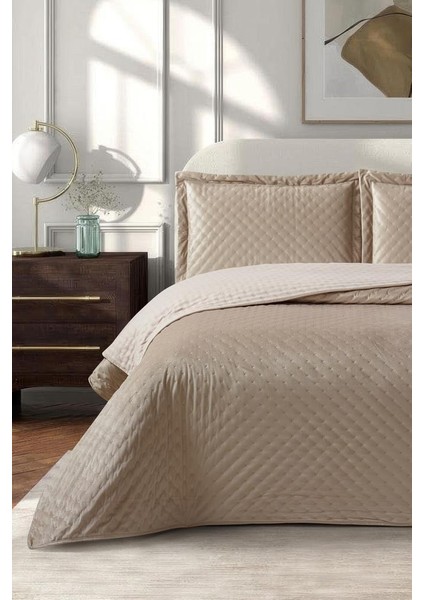Parma Çift Kişilik Lüks Kadife 240X260 cm Yatak Örtüsü Cappucino