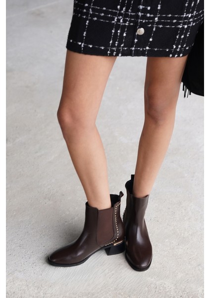 Kadın Zımba Detay Altın Ökçe Lastikli Topuklu Bot Ernaz Kahve fiyatları
