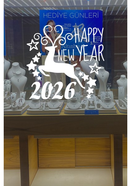Geyik ve Happy New Year 2026 Yılbaşı Süslemeleri Yeni Yıl Vitrin Cam Sticker fiyatları