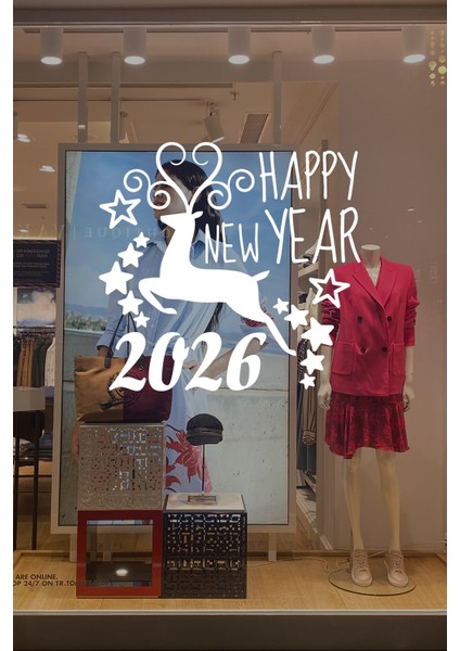 Geyik ve Happy New Year 2026 Yılbaşı Süslemeleri Yeni Yıl Vitrin Cam Sticker