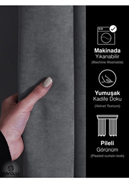 Kadife Dokulu Gümüş Grisi Pileli Fon Perde 250 cm Uzunluk 90 cm Genişlik