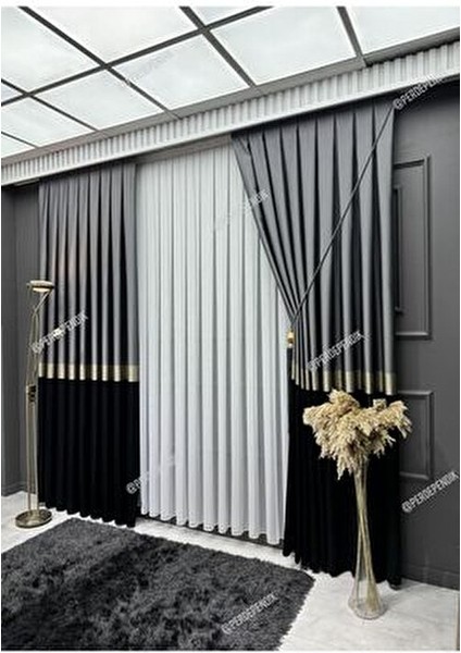 Emes Fon Perde Azra Desen Siyah Gri Renk 80 x 265 cm Salon Kullanımı İçin indirimleri