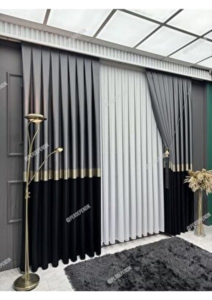 Azra Desen Fon Perde Siyah Gold Gri 80 x 270 cm Salon İçin Şık Tasarım