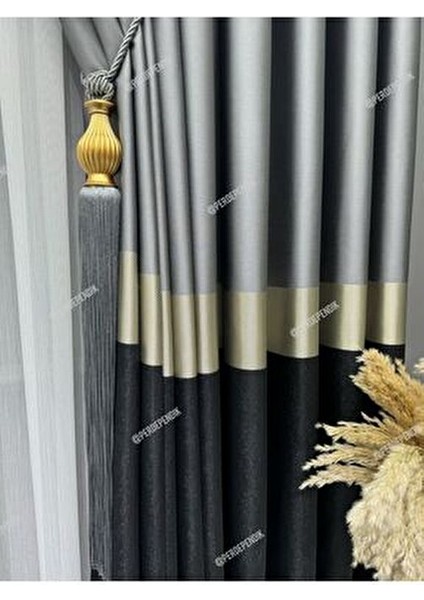 Emes Fon Perde Azra Desen Siyah Gri Renk 80 x 265 cm Salon Kullanımı İçin