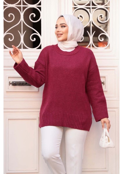 Bordo Tesettür Triko Kazak Tunik 55551BR