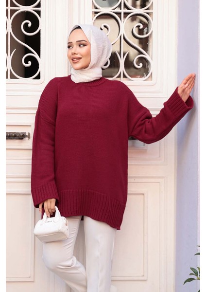 Bordo Tesettür Triko Kazak Tunik 70012BR