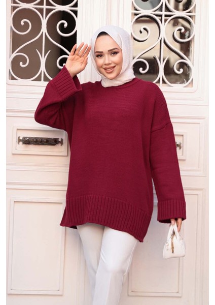 Bordo Tesettür Triko Kazak Tunik 70012BR fiyatları