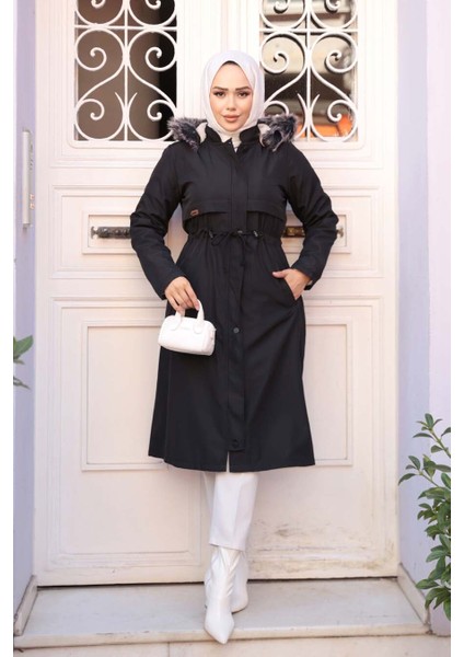 Kürklü Kapşonlu Siyah Tesettür Parka 60650S